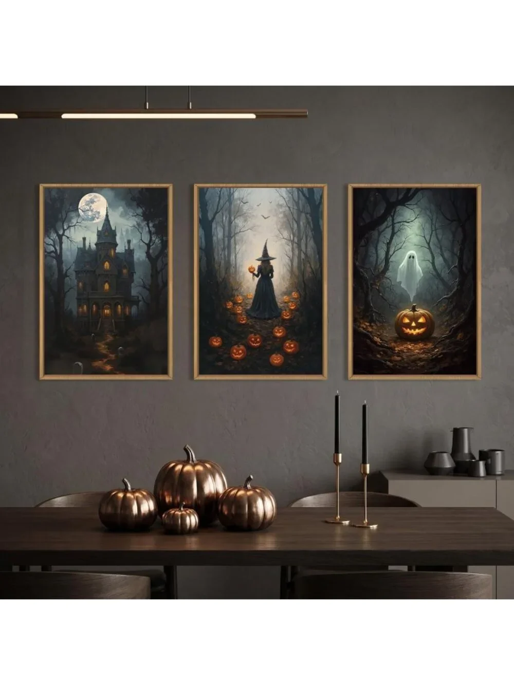 Spooky Halloween Moon Castle Canvas Art Set - Witch, Ghost & Pumpkin Decor for